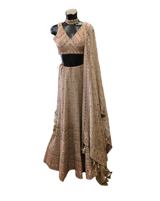 Light Brown - Delicately Embroidered Chiffon Designer Lehenga Set - UK 8-10, UK Stock - 24h Dispatch - NE2403 KKP 0724