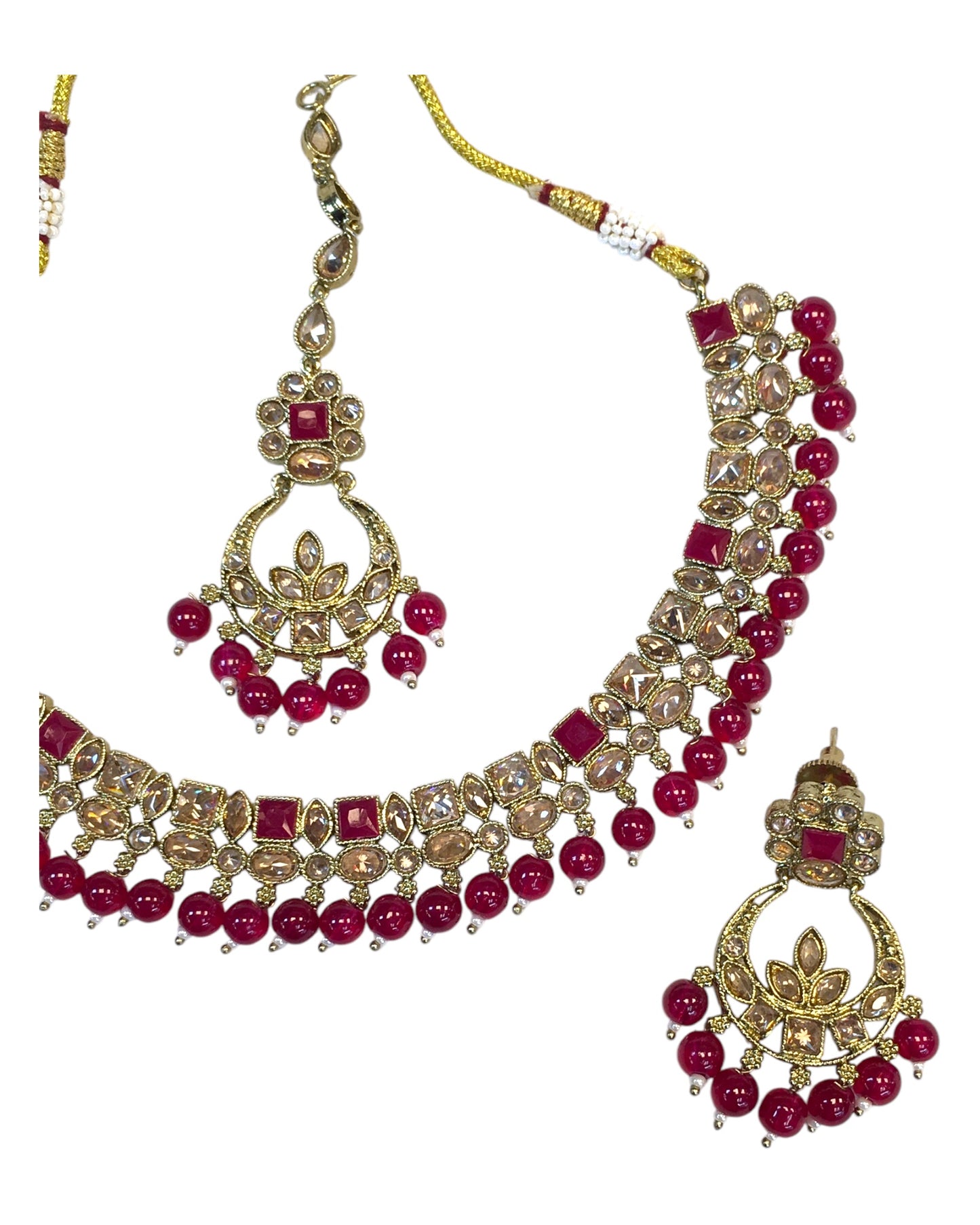 Magenta - Antique Gold Finish Necklace & Earrings Set - Bollywood - Weddings - KAJ1039 11KK24