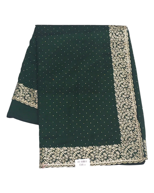 Green - Chiffon Crepe - Party Wear Embroidered Saree with Blouse Piece - SP2504012 KP