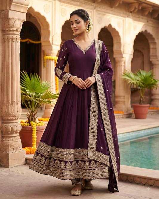 Size 12 (38") - Wine - Designer - Ladies Long Top / Dress Anarkali Trousers Suit - VMK Afsana 04RA26