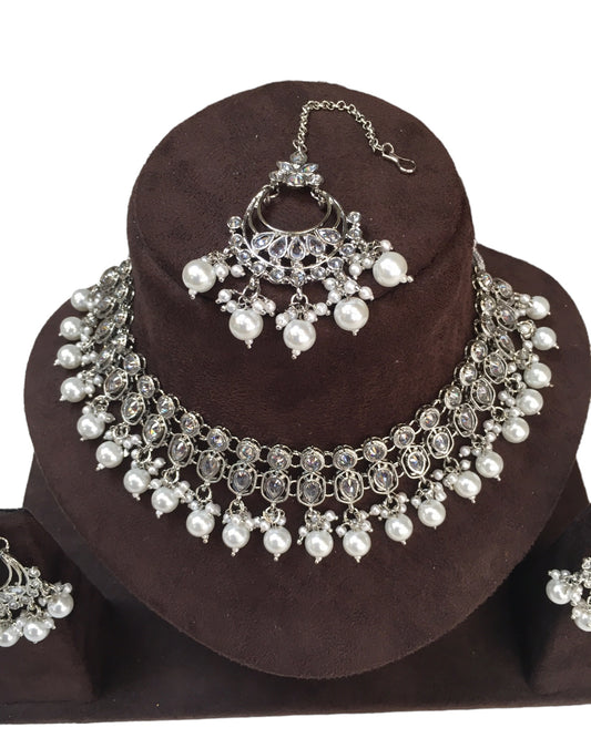Clear - Large Size Silver Finish Necklace Set with Earrings - VJY403 C 0424