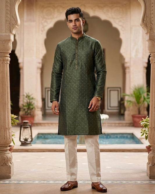 Mehndi Green - Men’s Embroidered Jacquard Kurta Set with Trousers - UK Stock - Weddings / Walimas , Sangeet, Diwali, Eid, Mehndi / Henna - VEE3103 VY
