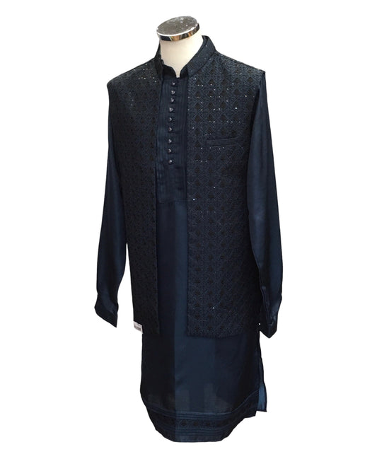 Petrol Blue - Mens Kurta Set with Rich Brocade Waistcoat - SHU2505 TP 0325
