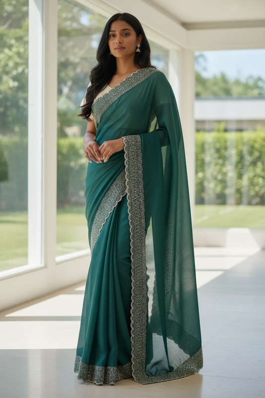 Turquoise Blue - Classic Saree with Stone Work Border and Blouse Piece - UK stock - 24hr Dispatch - RS2538 VP