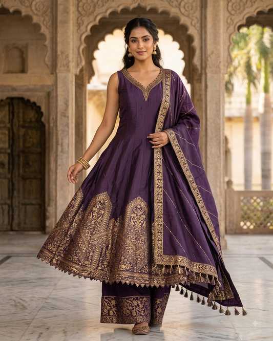 Size 16 (42") - Wine - Designer - Ladies Long Top Anarkali Trousers Suit - VMK Bandhan CY