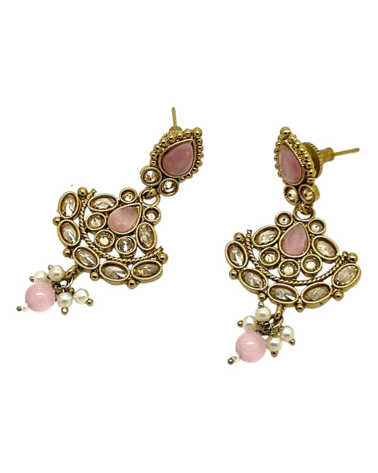 Pink - Small Size Antique Gold Finish Necklace Set with Earrings - Bollywood - AE2518 08A25