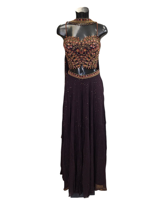 Dark Wine - Designer Ladies Short Strap Top Palazzo Trousers Suit - Size 12 (38") - VMK ASIN CT
