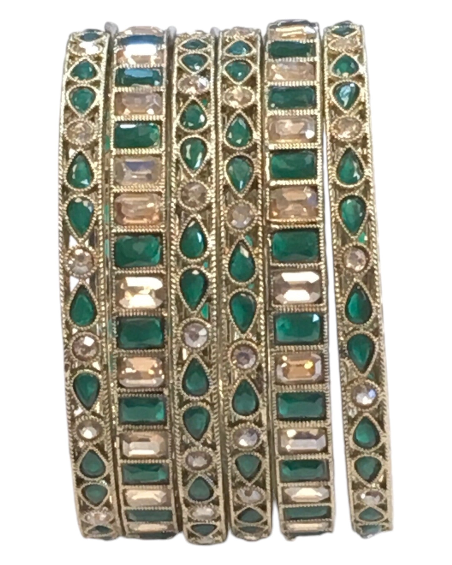 Antique Gold Finish GREEN Reverse Stone Bangles (Set of 6) - Mix N Match - SR219R