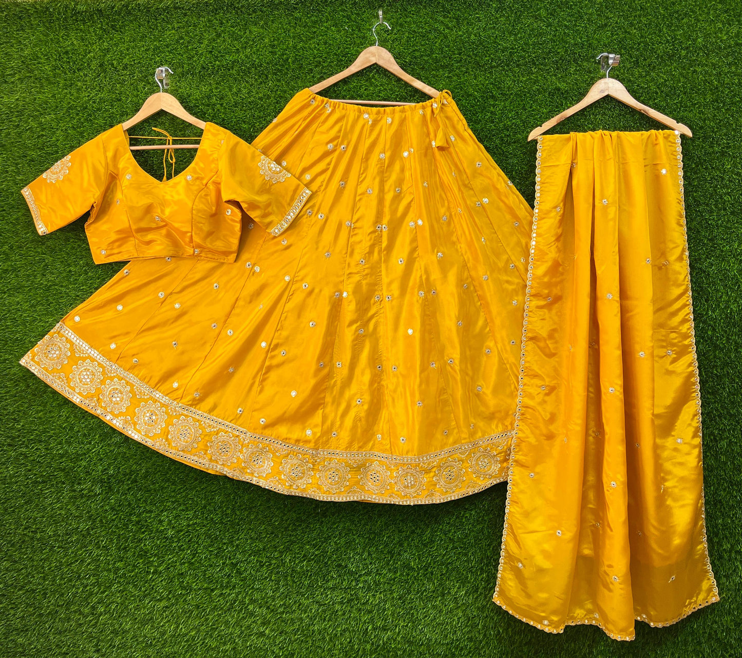 Haldi Yellow - Silky Lehenga Set - Mehndi / Sangeet / Bridesmaid / Weddings / Garba - Size UK 12 (38" Bust) Adjustable to Size 14 - UK Stock - 24h Dispatch - AF2602 02TY26