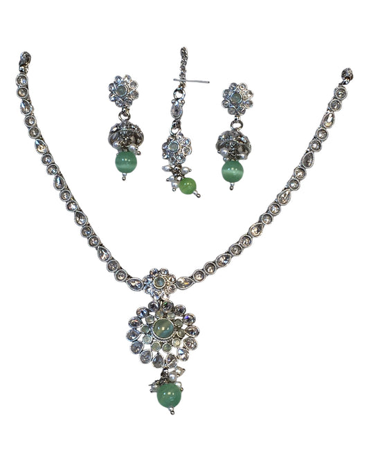 Mint Green - Small Size Silver Finish Necklace Set with Earrings & Head Piece /Tika- SLV79 11A24