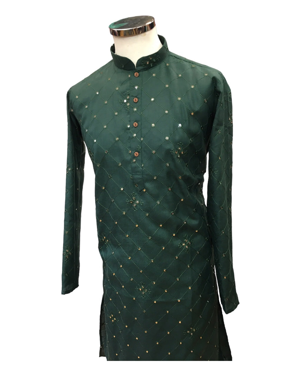 Bottle Green - Linen Mirrorwork Mens Kurta Set - Sangeet Mehendi Haldi - NY2301 KT 1123