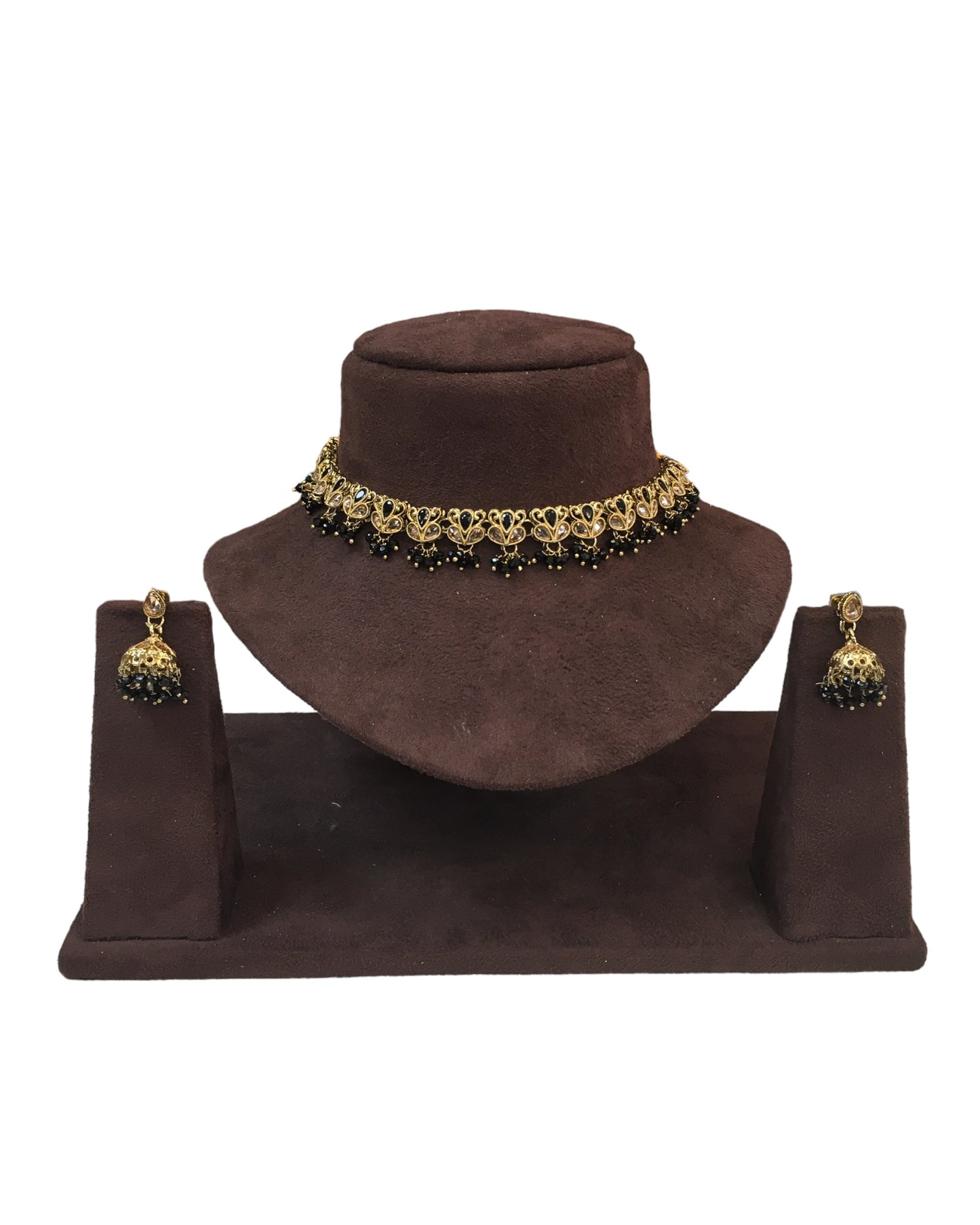 Black - Small Size Antique Gold Finish Necklace Set with Earrings - VJY401 A 0424