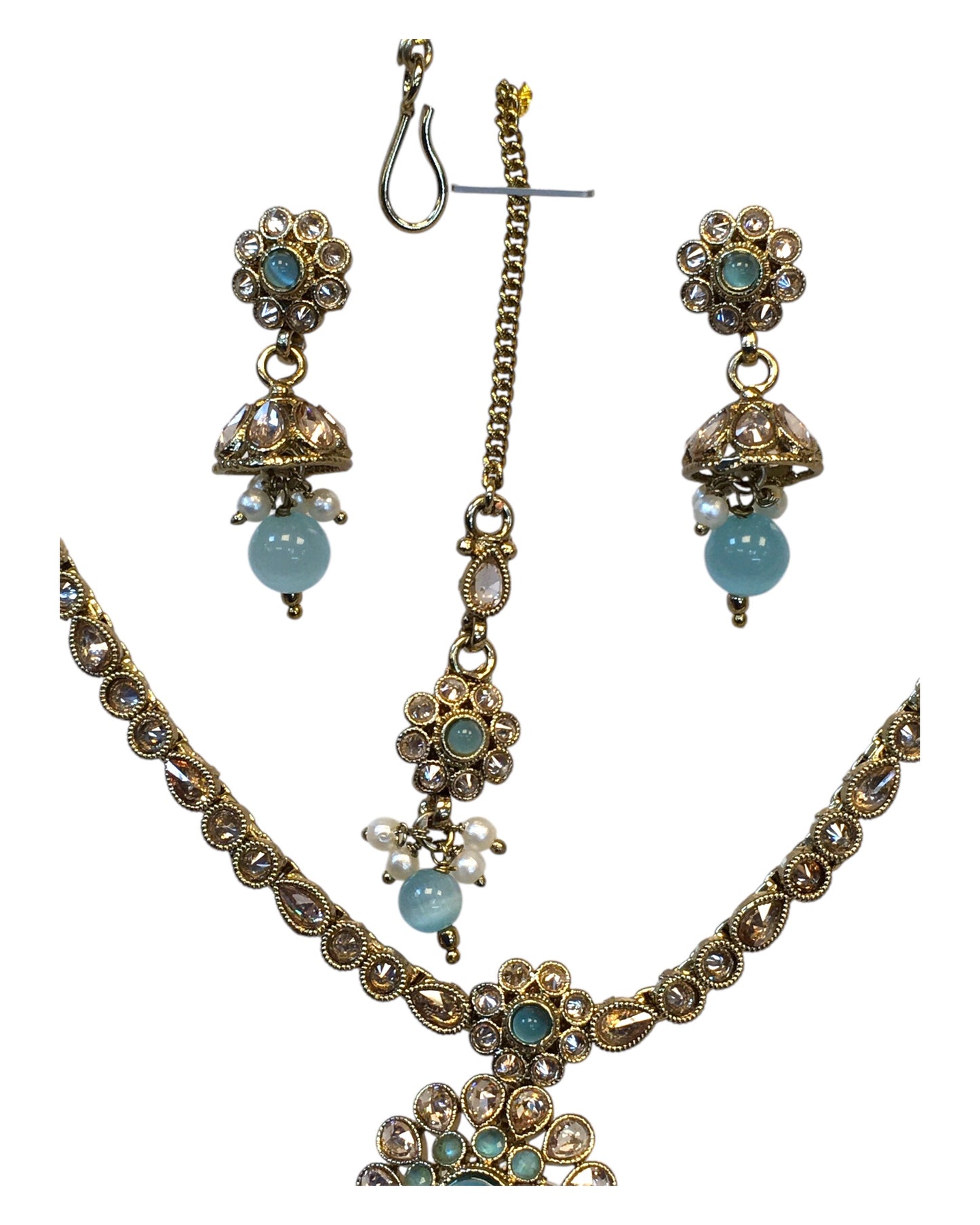 Light Blue - Small Size Antique Gold Finish Necklace Set with Earrings & Head Piece /Tika- SLV79 11A24
