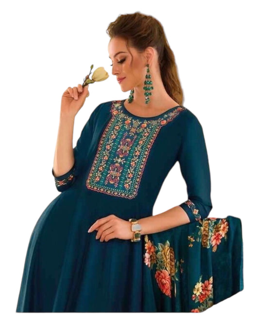 Teal - Simple / Classy Ladies Indian Trousers Suit with Printed Dupatta - Size 12 (38") - LL22601 VV 1024