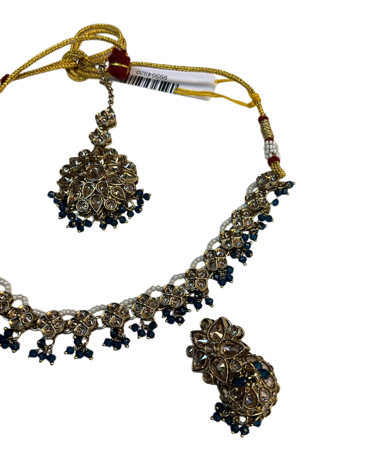 Blue - Medium Size Antique Gold Finish Necklace Set with Earrings & Head Piece - RAK436 04A26