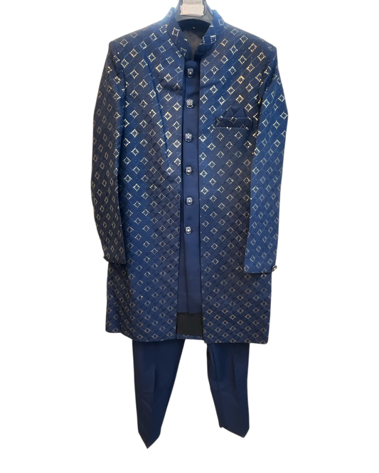 Blue - Mens Knee Length Jacket with Long Waistcoat - Sherwani / Indo-Western - Fantastic Fit - KCS6625 03TT26