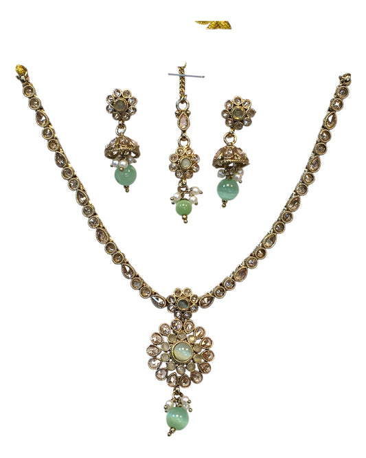 Mint Green - Small Size Antique Gold Finish Necklace Set with Earrings & Head Piece /Tika- SLV79 11A24