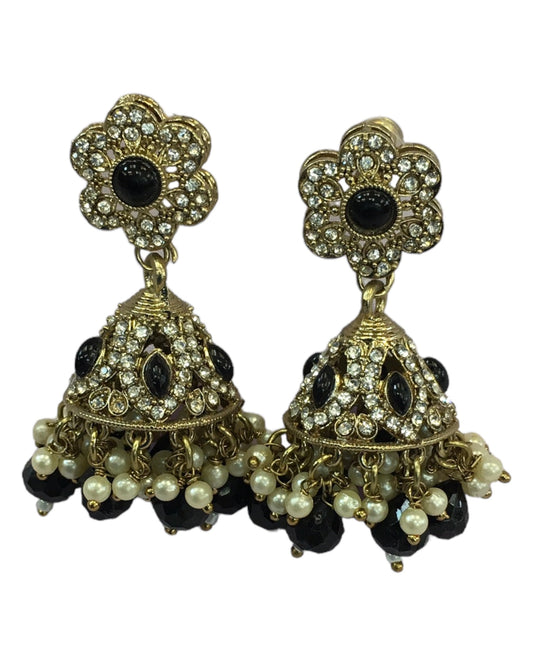 Black - Medium - Antique Finish Traditional Zhumki Earrings - Bollywood - Weddings - CH535 V 0724
