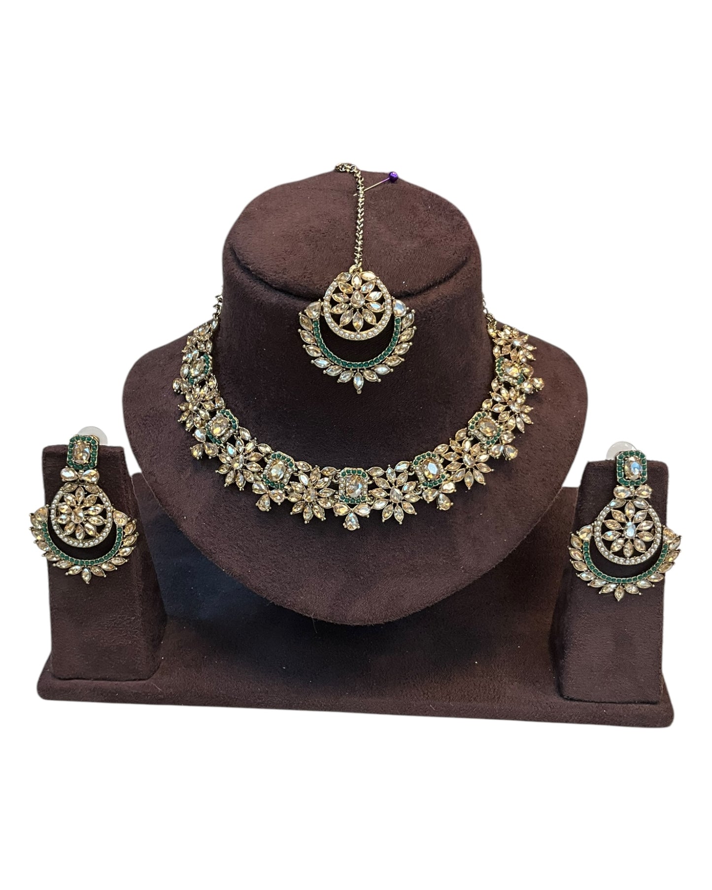 Green - Medium Size Antique Gold Finish Necklace Set with Earrings & Tika Head piece - JD7468 R 0525
