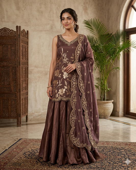 UK 10 / 36" - Plum / Wine - Designer Ladies Sharara / Palazzo Trousers Suit - UK Stock - Sangeet / Henna / Weddings - VMK Disha 04AY26
