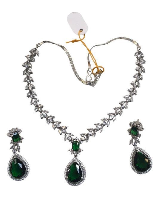 Green - Medium - Silver Finish Necklace Set with Earrings - AE2409 A 0724