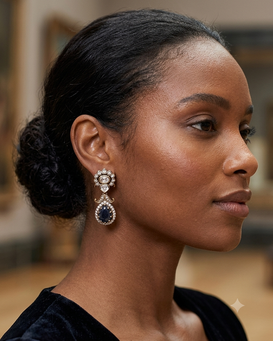 Navy Blue - Small - Antique Gold Finish Traditional Earrings - Bollywood - Weddings - 15ER715 07J26