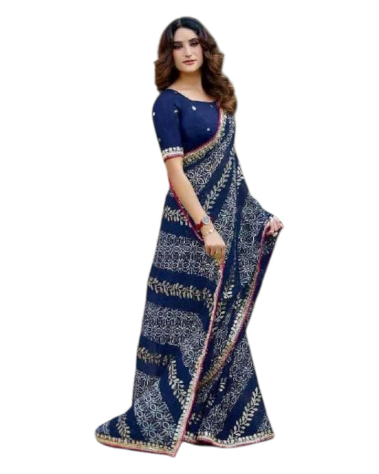 Navy Blue - Bandhani Printed - Chiffon Saree with Blouse Piece - KAS-Chuneri 303 10KV25