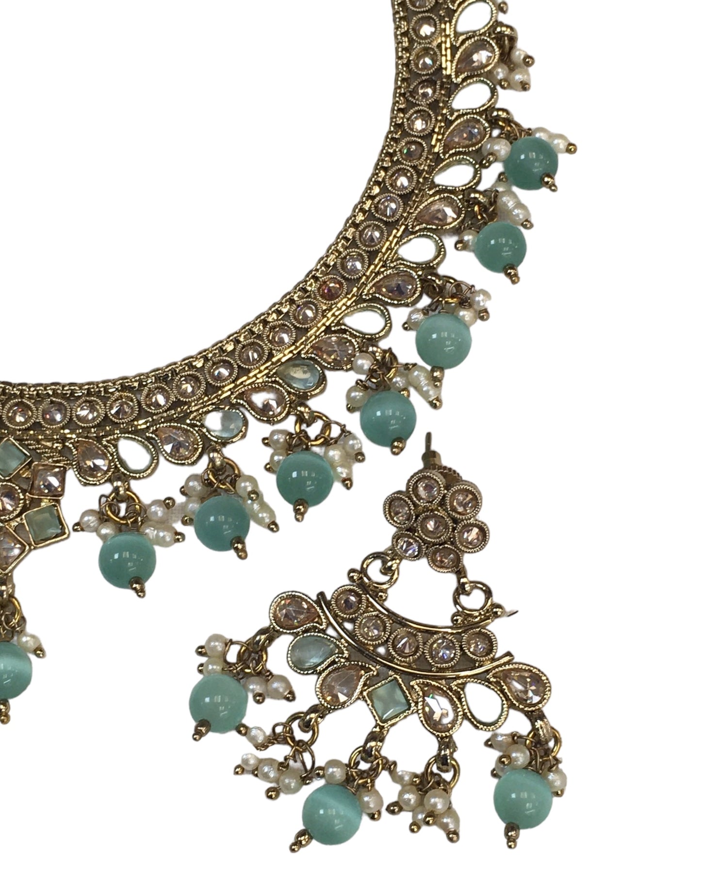 Sea Green - Medium Size Antique Gold Finish Necklace Set with Earrings - HR1008 KK 0424