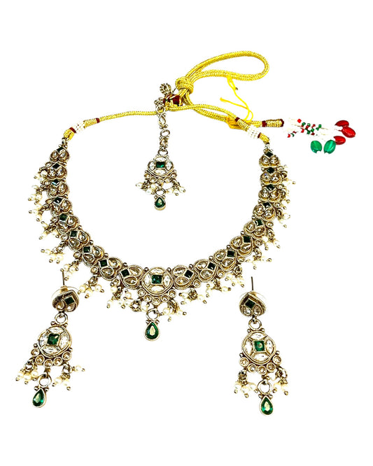 Green - Medium Size Antique Gold Finish Necklace Set with Earrings & Tika Head piece - SAJ04 08C25