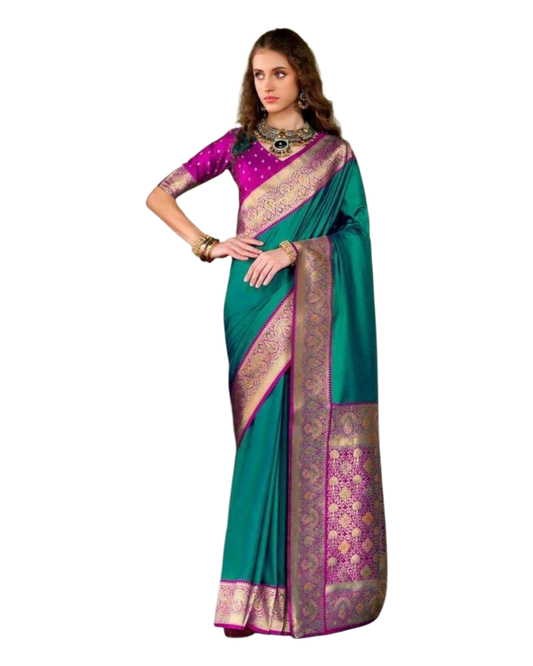Dark Turquoise- Silky Handloom Banarasi Saree with Blouse Piece - 12KH25 RP388