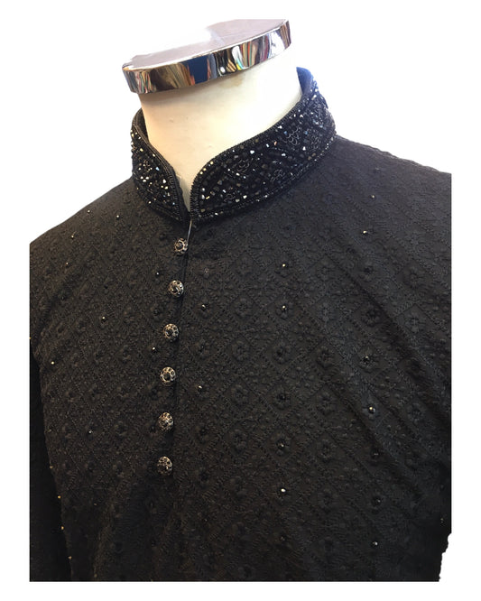 Black - Locknawi Chikankari Self Brocade Mens Indian Kurta set - Weddings / Walimas , Sangeet, Mehndi / Henna , Eid / Diwali - BS2502 01JY25