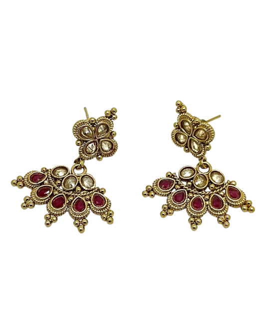 Magenta / Dark Pink - Small Size Antique Gold Finish Necklace Set with Earrings - Bollywood - AE2517 08A25