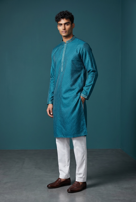 Turquoise Blue - Handloom Woven Mens Indian Kurta set with Trousers - UK Stock - Weddings / Walimas , Sangeet, Diwali, Eid, Mehndi / Henna - EM11093 05KP26