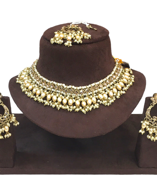 Gold / Neutral - Large Size Antique Gold Finish Necklace Set with Earrings - JE19 C 0424