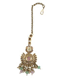Pink / Sea Green - Large - Antique Gold Finish Traditional Tika Head piece - Bollywood - Weddings - PRI1773 11V24