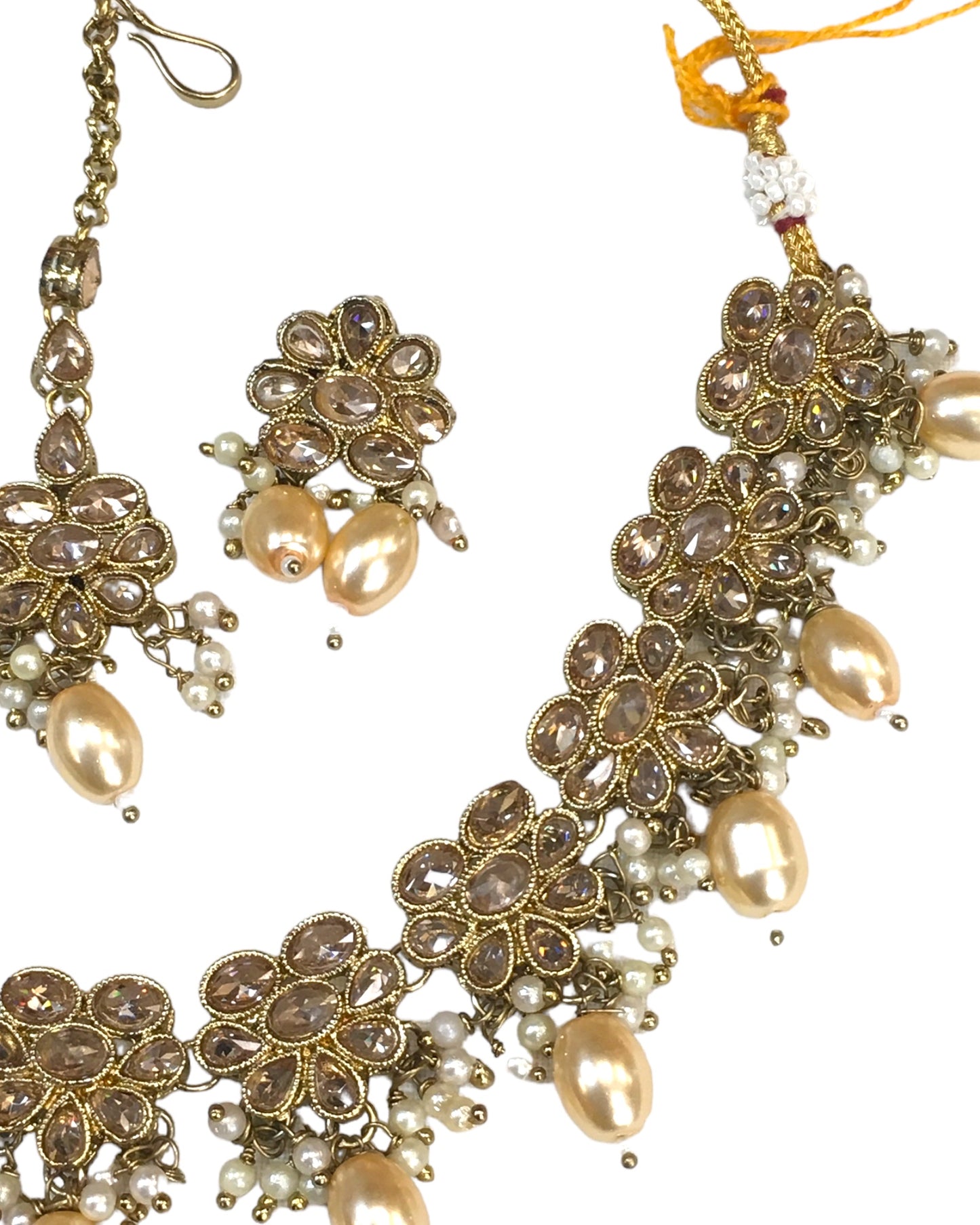 Gold / Neutral - Medium Size Antique Gold Finish Necklace Set with Earrings - JE04 A 0424
