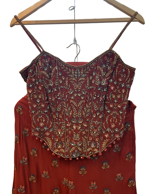 UK 10-12 / 36"- 38" - Burnt Orange / Rust - Designer Ladies Indian Short Corset / Tie Back Top Palazzo Trousers Suit - UK Stock - 2/3 days delivery - VMK Tarini AP
