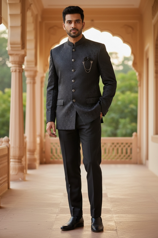 Navy Blue - PREMIUM Slim Fit Mens Self Brocade BandhGala / Prince / Chinese Collar Jacket with Long inside Waistcoat - Fantastic Fit - CS2505 03PY25
