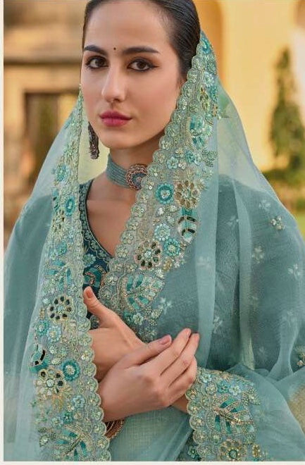 Light Blue - Chiffon Saree with Fancy Ready made Blouse - TAT6906 TH 0624