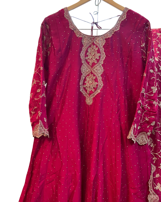 UK 16 / 42" - Fuchsia Pink - Crepe Ladies Anarkali Trousers Suit - Sangeet / Henna / Temple - OC16117 JY