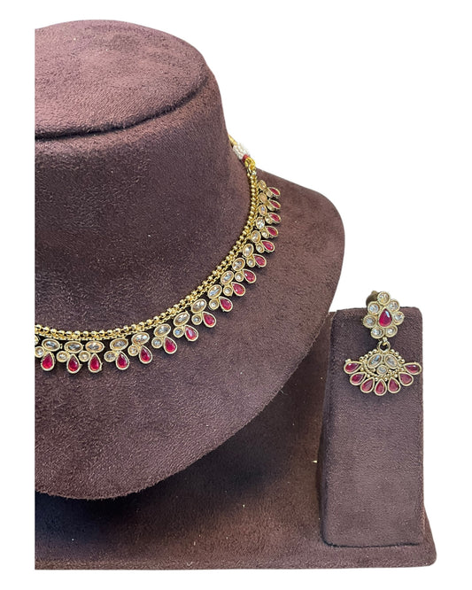 Magenta - Small Size Antique Gold Finish Necklace Set - AE2502 A 0525