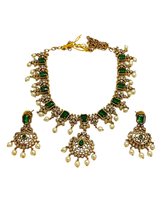 Green - Medium - Antique Gold Finish Necklace Set with Earrings & - AE2523 08KY25