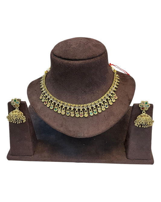 Multi Coloured - Small Size Antique Gold Finish Necklace Set - AE2506 C 0525