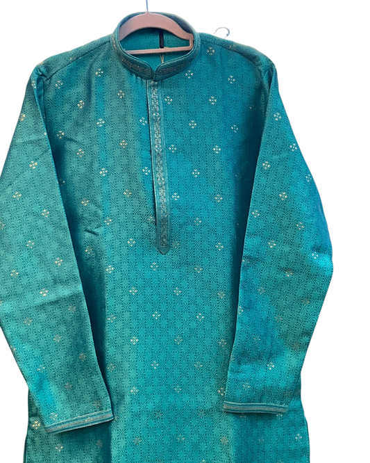 Turquoise Green - Banarasi Handloom Brocade Mens Indian Kurta set with Trousers - UK Stock - Weddings / Walimas , Sangeet, Diwali, Eid, Mehndi / Henna - VEE3023 VY