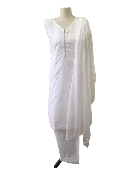 White - Sleeveless Cotton Ladies Salwar Kameez with Chiffon Dupatta - Funeral KTC2301 KY 0923