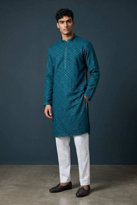 Turquoise Blue - Rich Sequins Lucknowi Mens Indian Kurta set with Trousers - UK Stock - Weddings / Walimas , Sangeet, Diwali, Eid, Mehndi / Henna - EM10513 05VH26