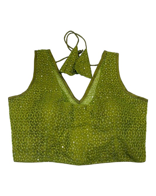 Mehendi Henna Green - Fully Embroidered V neck Saree / Lehenga blouse - With Cups - Margin to loosen - UK Stock - AF2343 H 0923