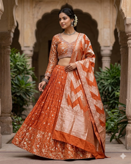 Size UK 12 (38" Bust) Adjustable to Size 14 - Orange - Silky Lehenga Set - Mehndi / Sangeet / Bridesmaids / Weddings / Garba - UK Stock - 24h Dispatch - JF10468 05PA26