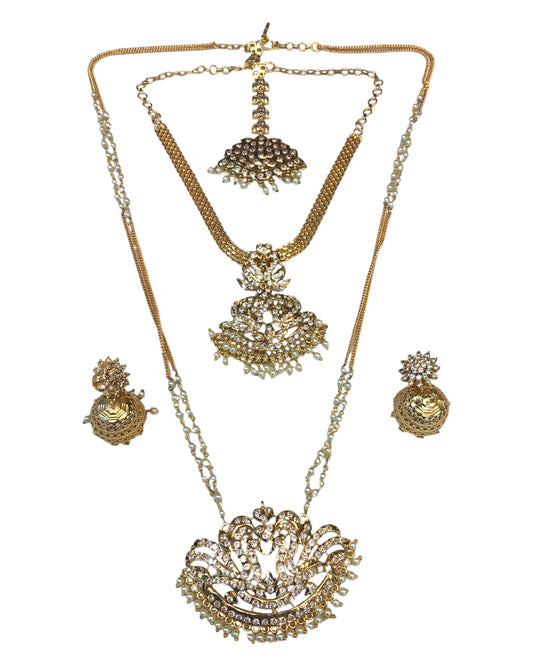 Gold & Pearl - Long necklace, Short Necklace, Earrings & Tika Headpiece Gold Finish Necklace Set with Earrings - SB2401 11KR24