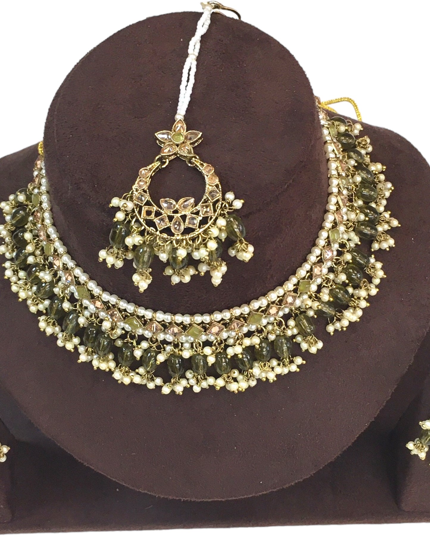 Henna Green - Large Size Antique Gold Finish Necklace Set with Earrings - JE19 C 0424